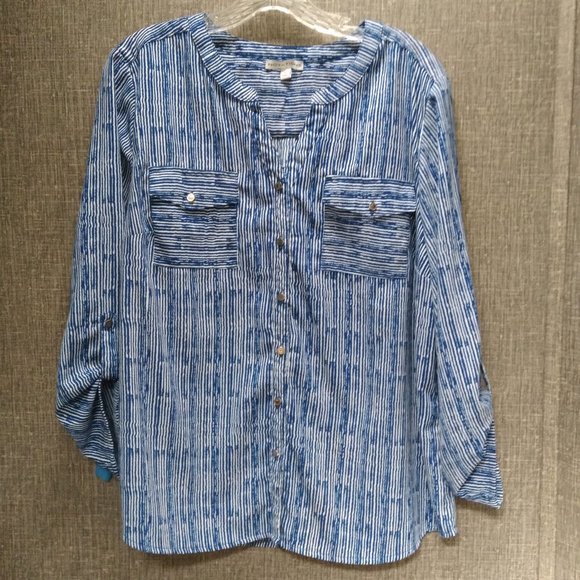 NOTATIONS blue white v neck button up shirt blouse SZ XL - Picture 1 of 11